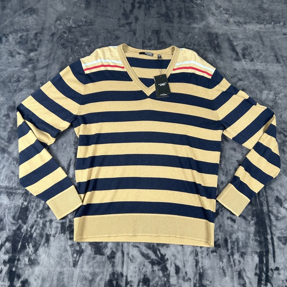 NWT Murano Sweater Mens L  Navy Striped Silk Cashmere Blend V-Neck Liquid Luxury
